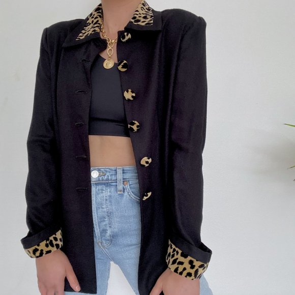 80s Black Cheetah Print Trim Peacoat - Picture 2 of 8